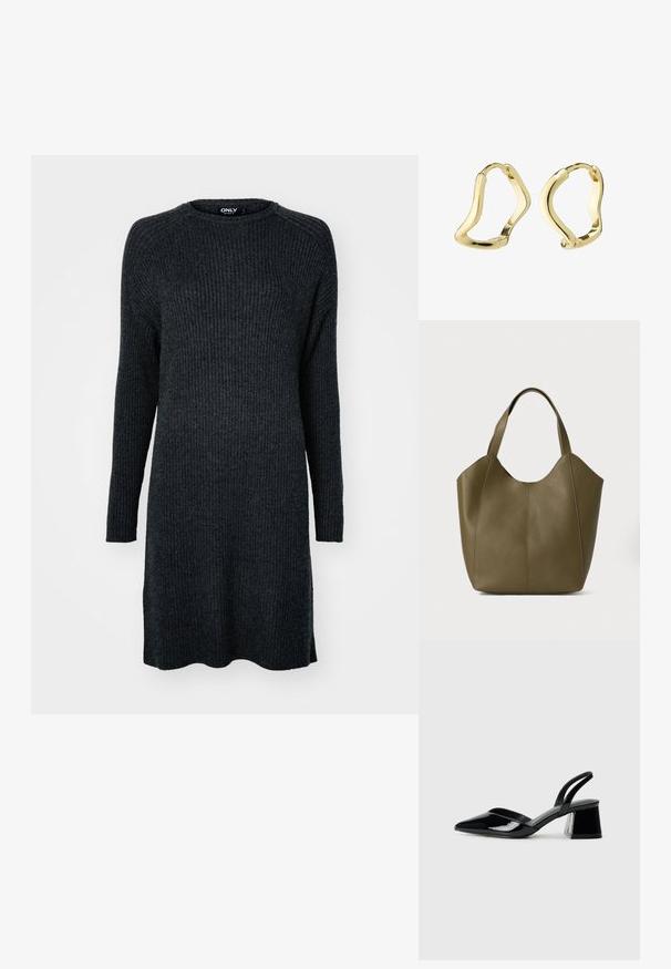 Vestito a maglia a costine grigio scuro con maniche lunghe, scollatura rotonda e una vestibilità comoda. L'orlo è leggermente curvato.; Décolleté in vernice nera con punta affusolata e tacco in geometria cubica. Presentano un design elegante e minimalista, con una texture liscia.; Borsa tote in pelle verde oliva con doppio manico, texture liscia e design a quattro pannelli. Cuciture rinforzate lungo le cuciture per una maggiore durata.; Orecchini in oro a forma di hoop con un design fluido e ondulato. Texture liscia, forma aperta e senza chiusure visibili. Aspetto minimalista e moderno.