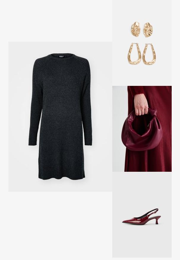 Sötét szürke bordás kötésű ruha hosszú ujjal, lekerekített nyakkivágással és laza fazonnal. Az alja enyhén ívelt.; Burgundi színű, lakkbőr, hátsó pántos magassarkú cipők, hegyes orral és elegáns tűsarkakkal. Nyitott hátsó dizájn, állítható bokapánttal.; Burgundi bőrtáska puhán ráncolt dizájnnal és kerek alakban. A fogantyú rögzítve van, sima textúrával rendelkezik.; Aranyszínű fülbevalók, texturált, hullámos formákkal. Tartalmazza a szobrászati klipszes studokat és az open hoop kialakítást, kalapácsos felülettel.