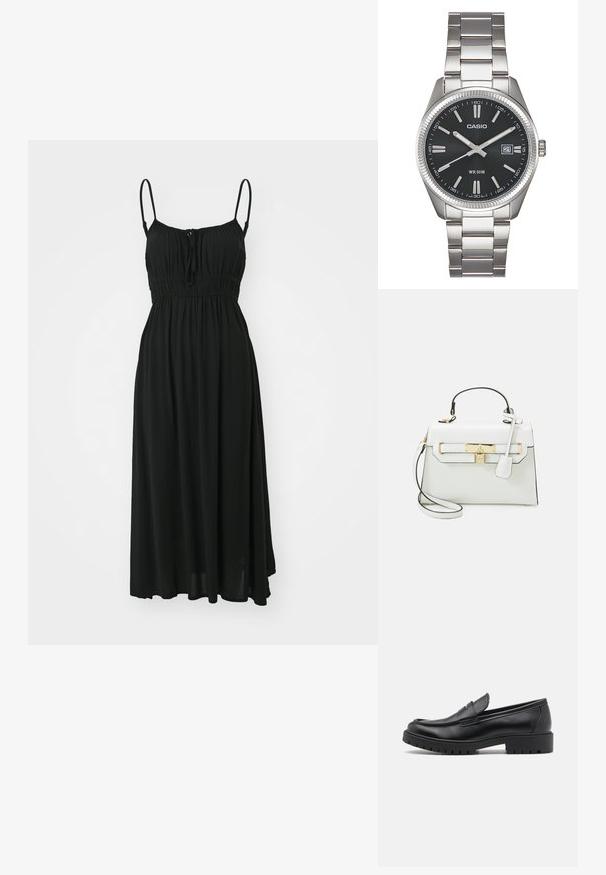Roxy SKIES SOLID - Nappali ruha - anthracite; Fekete bőr loaferek lekerekített orral, slip-on kialakítással és vastag gumitalppal, amely texturált tapadást biztosít. Emelt sarkú és diszkrét varrási részletek.; Fehér kézitáska krokodilbőr textúrával, arany hardware-rel, felső fogantyúval és levehető vállpánttal; zárható fedéllel és minimalista dizájnnal rendelkezik.; Ezüst rozsdamentes acél óra fekete számlappal, jelzett órák, dátumkijelző és 50 méteres vízállóság.; Ezüst színű, fémtartalmú karkötő sima, matt felülettel. Nyitott kialakítása lekerekített szélekkel rendelkezik, lehetővé téve a méret állíthatóságát.