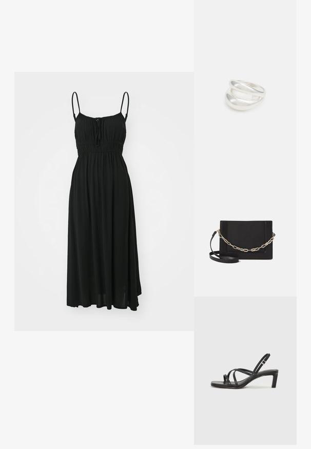 Roxy SKIES SOLID - Päevakleit - anthracite; Mustast rihmajalatsid ruudukujulise varba ja madala ploki kontsaga. Omab mitmeid õhukesi rihmasid ja reguleeritavat pahkluu rihma. Valmistatud siledast nahast.; Mustast nahast õlakott, mis omab siledat tekstuuri, ristküliku kuju ning esiküljel metallketi detaili. Reguleeritav rihm on kaasas.; Hõbedane kahekordne rõngas sujuva, poleeritud pinnaga. Omab voolavat, kõverat disaini, millel on kattuvad sektsioonid, et saavutada kaasaegne ilme.