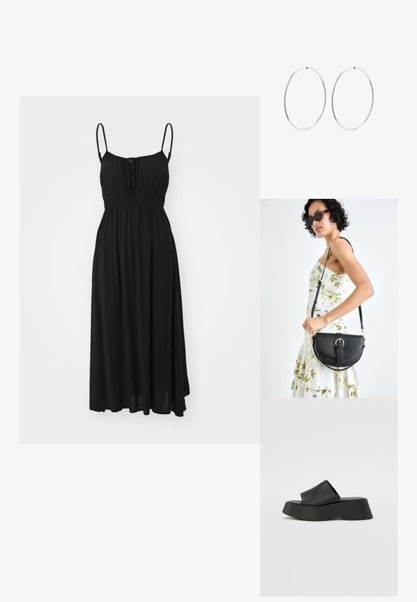 Roxy SKIES SOLID - Freizeitkleid - anthracite; Schwarze Plateausandalen mit einem breiten Riemen und einer klobigen Sohle. Aus glattem Material mit mattem Finish und ohne sichtbare Hardware gefertigt.; Schwarze Lederhandtasche mit geschwungener Form, abnehmbarem Tragegurt und goldenen Beschlägen. Die Tasche verfügt über einen Deckel mit einer Schnallen-Details.; Silberne Creolen mit einem glatten, runden Design und einer polierten Oberfläche. Sie sind dünn und leicht und verfügen über einen einfachen Verschluss.