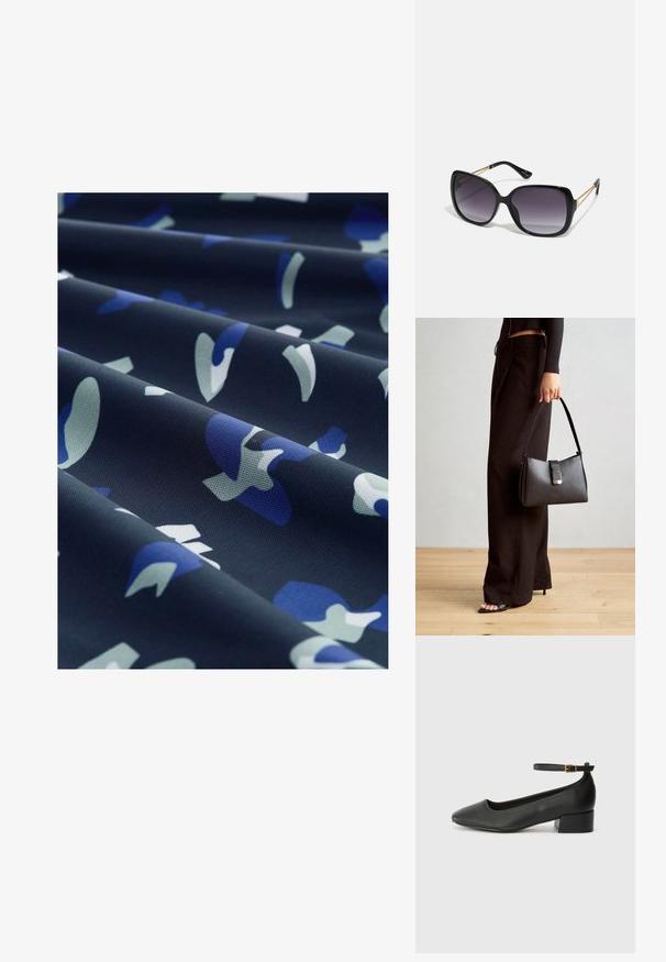 Tkanina z ciemnoniebieskim tłem, ozdobiona abstrakcyjnymi niebieskimi i jasnopiwnymi kształtami. Gładka tekstura, z delikatnym połyskiem i złożonymi warstwami.; Czarne skórzane szpilki z ostrym noskiem i niskim słupkowym obcasem. Wyposażone w pasek na kostkę z złotym zapięciem. Gładka tekstura.; Czarne oversize okulary przeciwsłoneczne z gradientowymi soczewkami, grubymi oprawkami i złotym łańcuszkiem na ramionach.; Czarna torebka o usztywnionym kształcie, gładkiej fakturze i metalowym zapięciem. Połączona z szerokimi czarnymi spodniami i sandałami na otwartym palcu na drewnianej podłodze.