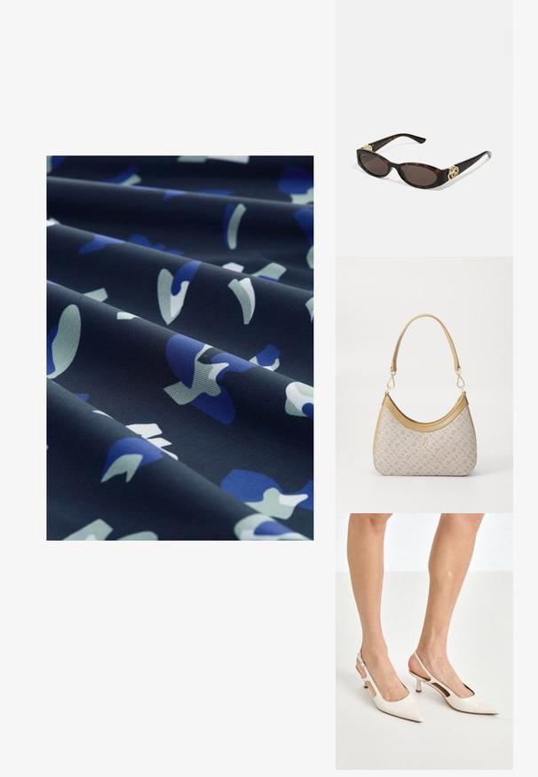 Textiel met een donker marineblauwe achtergrond en abstracte blauwe en lichtgroene vormen. Glad textuur, met een subtiele glans en gevouwen lagen.; Beige gepatineerde leren slingback hakken met een spitze neus en een hak van 5 cm, met uitsparingen aan de zijkanten en een dunne enkelband.; Schildpadbril met langwerpige ovale lenzen, bruine tint, gouden logo-accenten op de pootjes en slanke zwarte armen.; Beige handtas met een patroon en een gebogen vorm, leren accenten en een goudkleurig logo aan de voorkant. Beschikt over een kort handvat voor gemakkelijk dragen.; Parel- en kristallen ketting met een ronde, gehaakte ontwerp in lichte tinten, met afwisselend parels en sprankelende accenten, gedragen om de hals.