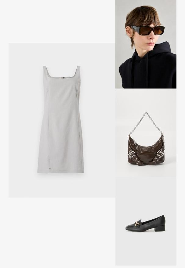 Siva brezrokavna obleka s kvadratnim izrezom, prilegljivo silhueto in ravnim robom. Narejena iz lahkotnega materiala z gladko teksturo.; Črne usnjene loafersice s ravnim petkom, ki imajo dekorativen zlat detajl spredaj in gladko teksturo.; Črne velikanske sončne očala z lesketajočo površino, pravokotne oblike, rjavi zasenčeni leči in zlatim logotipom na krakih.; Temno rjava lakirana usnjena torba z zlatim verižnim ročajem, okrasnimi pasovi z dvema zaponkama in zadrgo.