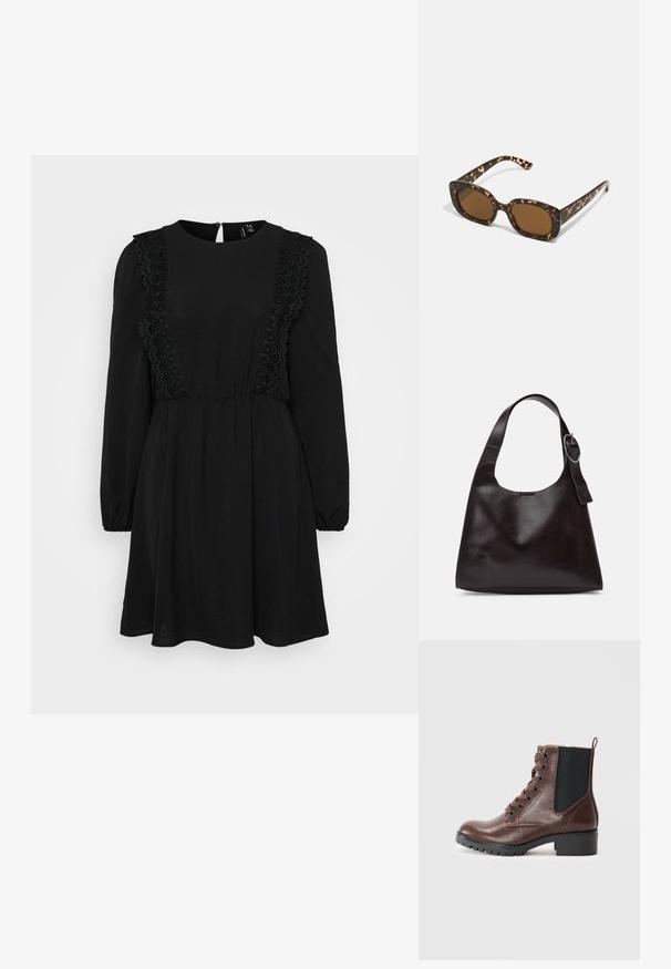 Vestido preto com mangas longas e decote redondo. Apresenta detalhes de renda texturizada nos lados e uma cintura ajustada. Fecho nas costas.; Bota de tornozelo em couro castanho com biqueira arredondada, fecho de atacadores à frente, painéis laterais elásticos e sola de borracha texturizada. Apresenta um salto bloco robusto.; Óculos de sol tartaruga com uma armação redonda e robusta e lentes castanhas. Apresenta padrões subtis e hastes direitas e afinadas.; Bolsa de ombro em pele castanha com uma textura suave, forma arredondada, alça larga e um detalhe metálico circular na pega.