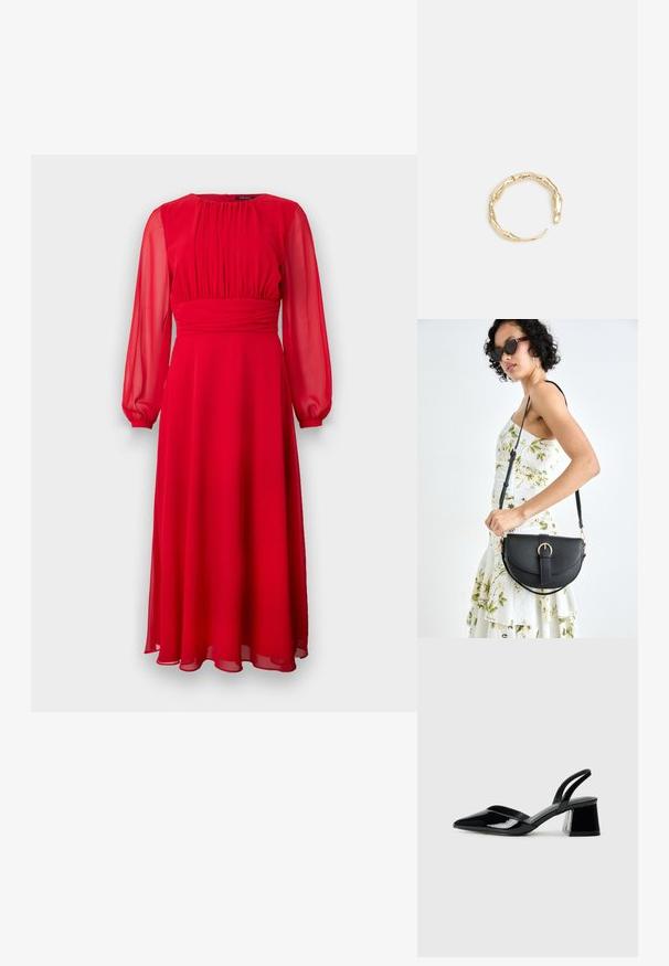 Crvena šifonska haljina s dugim prozirnim rukavima, plisiranim bodicem i lepršavim A-linijskim siluetom. Mekana tekstura i dužina do gležnjeva.; Crne lakirane kožne sandale s otvorenom petom i špicastim vrhom, s geometrijskom blok petom. Imaju elegantan, minimalistički dizajn i glatku teksturu.; Crna kožna torba s lukovitim oblikom, odvojivim remenom i zlatnim detaljima. Torba ima preklop s kopčom.; Prsten u zlatnoj nijansi s organskim, uvijenim dizajnom, glatkom teksturom i suženim krajevima, koji stvara moderan, skulpturalni izgled.