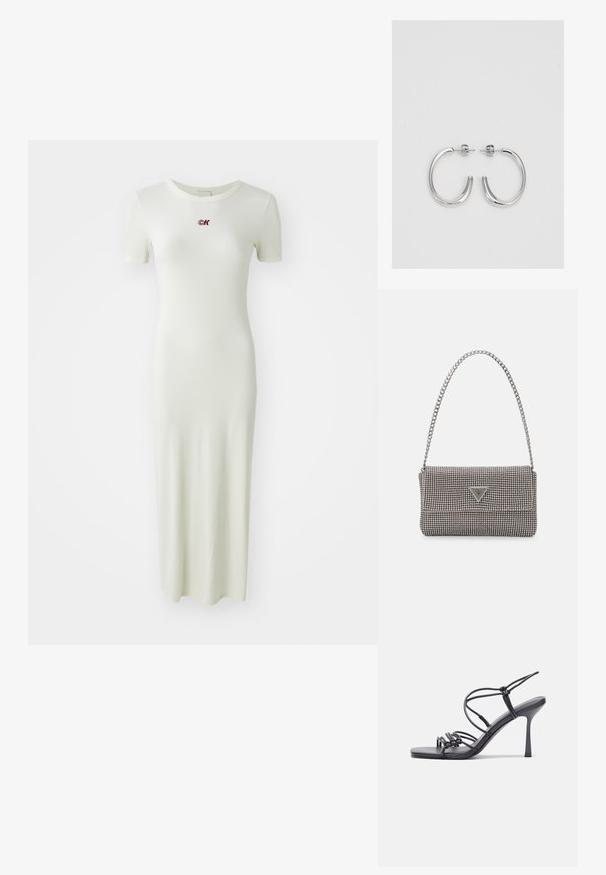 Ribade, pahklai pikkusega kleit helesinises, lühikeste varrukatega ja ümmarguse kaelusega, mille rinnal on väike punane brodéeritud logo.; Mustad musta värvi kontsandaalid on varustatud peente rihmadega, millel on sõlmekujundus, siledad ruudukujulised varbad ja stiilne stilettokonts.; Helehall metallik handbags, millel on kett, kaunistatud väikeste ümmarguste metallist õmblustega ja kolmnurkse brändi logoga.; Hõbedased rõngaskõrvarõngad, millel on sile ja läikiv pind. Ümar kuju, kerge disain, millel on post-tagumise kinnituse süsteem.