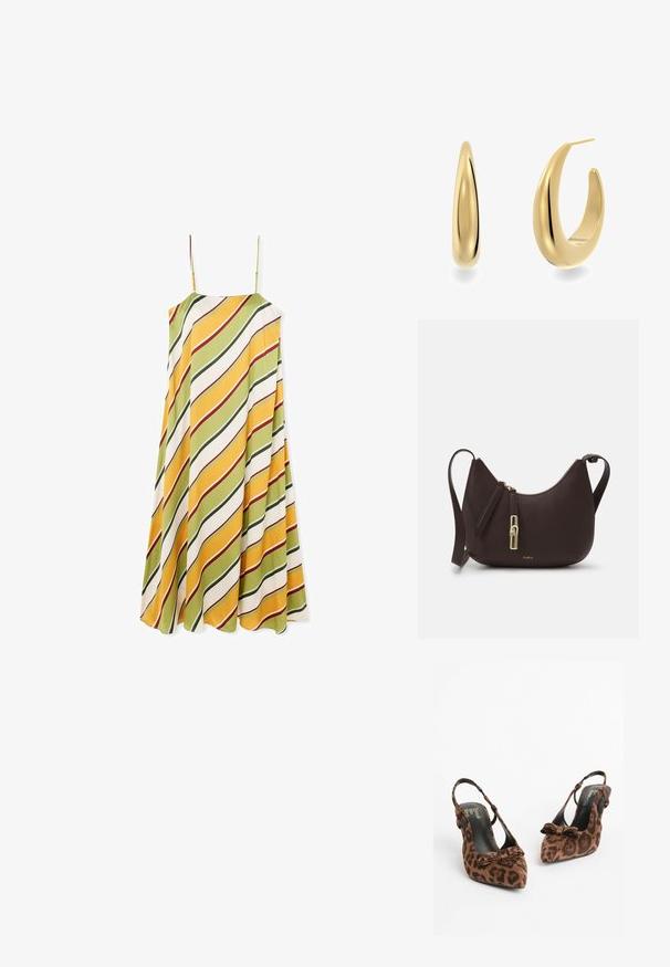 Sukienka bez rękawów o zwiewnym kształcie, z ukośnymi paskami w zielonym, żółtym i białym kolorze z czerwonymi akcentami, wykonana z gładkiego materiału.; Brązowe sandały na obcasie w panterkę z wydłużonym noskiem, akcentem kokardy, czarnym wnętrzem i smukłym obcasem. Wykończenie z teksturowanej tkaniny.; Furla - Torebka; Złote kolczyki w kształcie obręczy z gładkim, zwężającym się fasonem. Posiadają polerowane wykończenie i zakrzywioną sylwetkę, podkreślając nowoczesny kształt.
