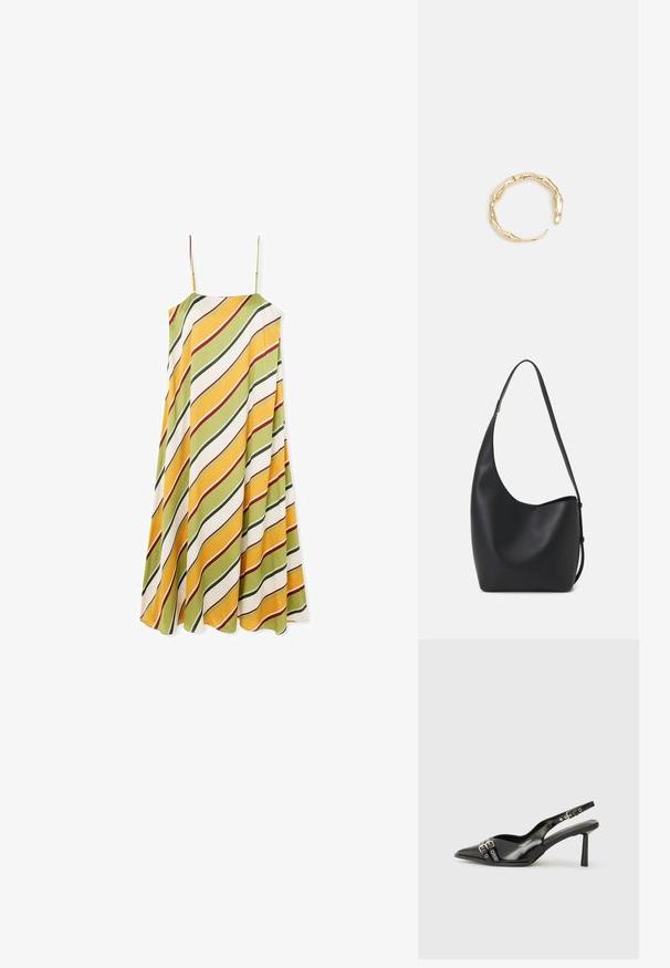 Sukienka bez rękawów o zwiewnym kształcie, z ukośnymi paskami w zielonym, żółtym i białym kolorze z czerwonymi akcentami, wykonana z gładkiego materiału.; Czarne lakierowane buty typu slingback z ostrym noskiem, paskami na kostkach z srebrnymi klamrami i elementami metalowymi oraz smukłym obcasem.; Czarna skórzana torba hobo o gładkiej fakturze, zaokrąglonym kształcie i pojedynczym, regulowanym pasku; posiada szerokie otwarcie na górze.; Pierścionek w odcieniu złota z organicznym, skręconym wzorem, o gładkiej fakturze i zwężających się końcach, tworzący nowoczesny, rzeźbiarski wygląd.