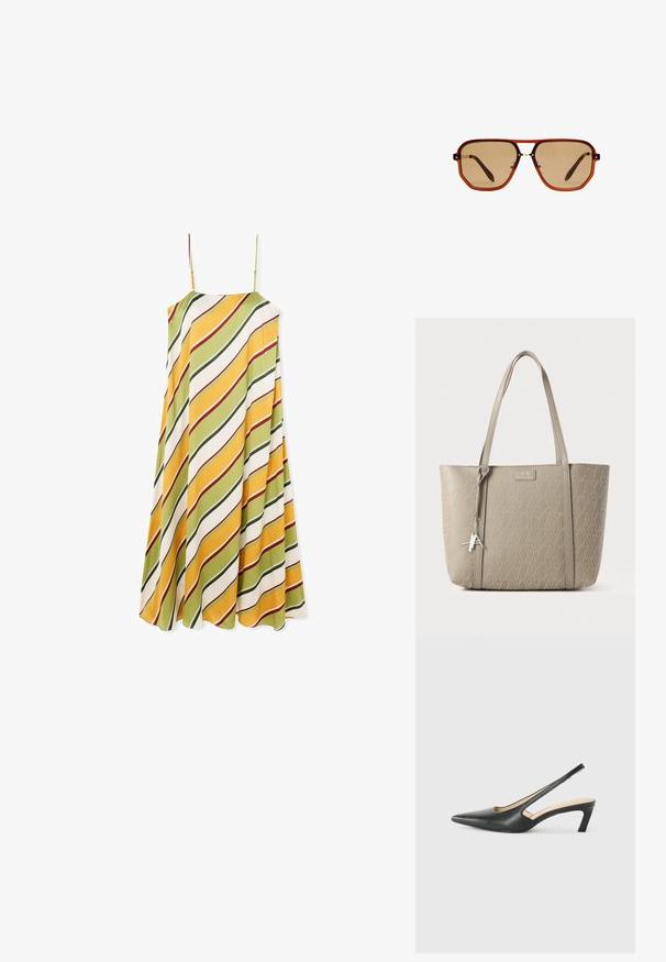 Sans rukavi obleka s tekočo obliko, ki ima diagonalne črte v zeleni, rumeni in beli barvi z rdečimi detajli, izdelana iz gladkega materiala.; Črne čevlje s koničastimi nosovi in slingback obliko z nizko peto, izdelane iz gladke usnjene materiale ter s črtasto zasnovo na strani za prezračevanje.; Rjave osmerokotne sončne naočale s prozornim amber okvirjem in rjavimi lečami s senco. Imajo kovinski detajl na mostu in vitke temple.; Bež torba iz strukturiranega sintetičnega materiala, ki prikazuje geometrijski vzorec po celotni površini, z dvema ročajema in srebrno značko kot posip.
