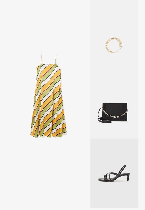 Sukienka bez rękawów o zwiewnym kształcie, z ukośnymi paskami w zielonym, żółtym i białym kolorze z czerwonymi akcentami, wykonana z gładkiego materiału.; Czarne sandały na obcasie z prostokątnym noskiem i niskim słupkowym obcasem. Posiadają wiele cienkich pasków i regulowany pasek na kostkę. Wykonane z gładkiej skóry.; Czarna skórzana torebka typu crossbody z gładką teksturą, prostokątnym kształtem oraz metalowym detalem w postaci łańcuszka z przodu. W zestawie regulowany pasek.; Pierścionek w odcieniu złota z organicznym, skręconym wzorem, o gładkiej fakturze i zwężających się końcach, tworzący nowoczesny, rzeźbiarski wygląd.