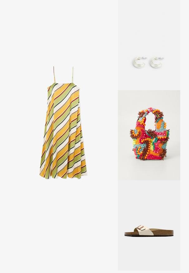 Ein ärmelloses Kleid mit fließender Form, das diagonale Streifen in Grün, Gelb und Weiß mit roten Akzenten aufweist und aus glattem Stoff gefertigt ist.; Slide-Sandale mit einem leichten metallischen Obermaterial, Korkfußbett und strukturiertem braunem Gummisohle. Schnalle mit Logo-Akzent.; Perlenhandtasche in lebhaften Farben: Pink, Orange, Blau und Braun. Strukturierte Oberfläche mit kreisförmigen Perlen und organischen Formen, stabile Griffe.; Ohrringe in silberfarbener Ausführung mit einem gedrehten Ohrringdesign, das eine strukturierte Oberfläche und gerippte Details aufweist, gesichert mit einem Steckverschluss.