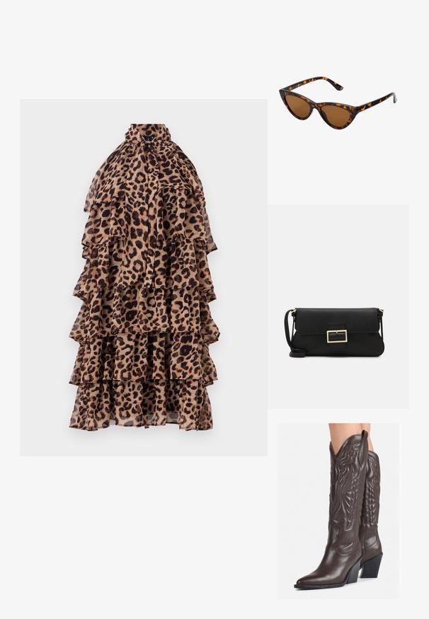 Leopárdmintás ruha fodros kialakítással, magas nyakkal és több réteggel barna és fekete árnyalatokban. Könnyű, áttetsző anyag.; Barna bőr cowboy csizmák hegyes orral és blokk sarkal, részletes varrással és kiemelkedő díszítésekkel a szárán.; Cica szemüveg fekete és narancssárga teknőc pánttal, barna lencsékkel és sima, hegyes végekkel. A templomán egy minimalista logó található.; Fekete bőr kézitáska hajtóka részlettel és aranyszínű fém csattal. Tartalmaz egy fekete pántot és egy letisztult, minimális dizájnt.