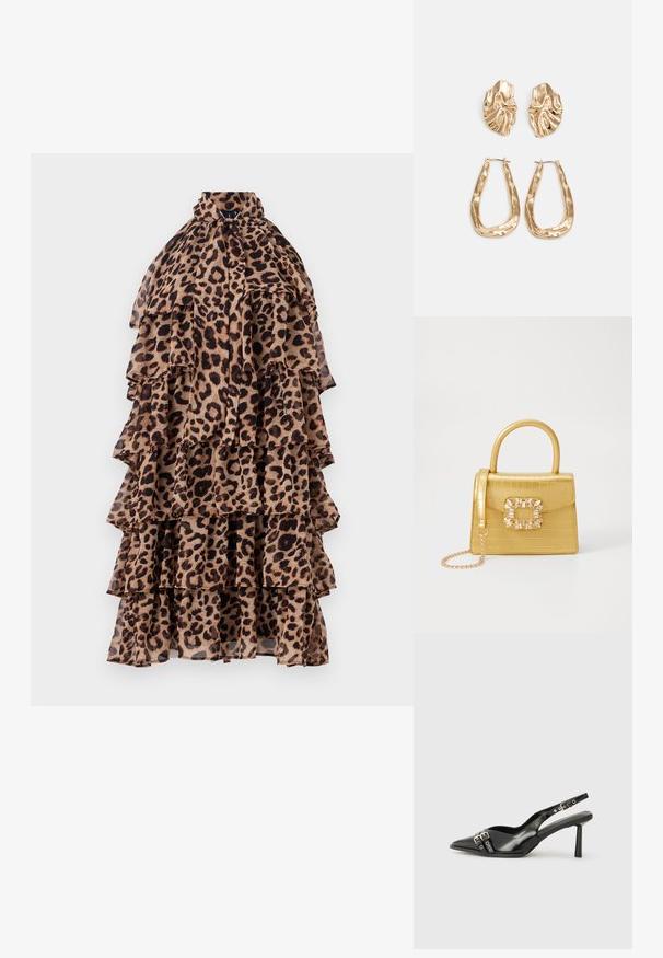 Vestido com padrão de leopardo, com um design com babados, gola alta e várias camadas em tons de castanho e preto. Tecido leve e transparente.; Sapato slingback preto em pele patentada com bico apontado, tiras no tornozelo apresentando fivelas e acessórios prateados, e um salto elegante.; Bolsa amarela em pele de crocodilo falsa, com um design estruturado, pega no topo, alça de corrente removível e decoração de cristal no fecho.; Brincos em tom de ouro com formas onduladas e texturizadas. Inclui studs escultóricos com presilha e um design de argola aberta com um acabamento martelado.