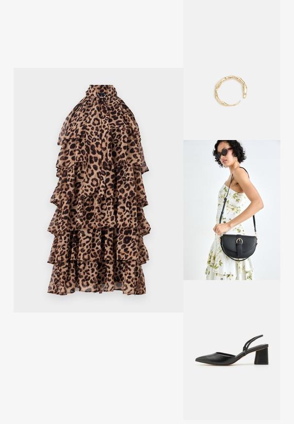 Haljina sa uzorkom leoparda koja ima naborani dizajn, visok ovratnik i višeslojne nijanse smeđe i crne boje. Lagani, prozirni materijal.; Crna cipelica s otvorenom petom i špicastim prstima napravljena od glatke kože, s niskom blok petom i tankim trakama straga za sigurno prianjanje.; Crna kožna torba s lukovitim oblikom, odvojivim remenom i zlatnim detaljima. Torba ima preklop s kopčom.; Prsten u zlatnoj nijansi s organskim, uvijenim dizajnom, glatkom teksturom i suženim krajevima, koji stvara moderan, skulpturalni izgled.