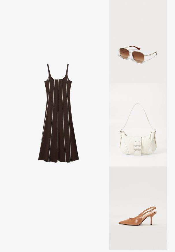Ruskea hihaton mekko, jossa on valkoisia pystysuoria raitoja, valmistettu pehmeästä kankaasta. Mekossa on muotoiltu yläosa ja levenevä hameosa. Ei näkyviä varusteita tai koristeita.; Korkokenkä, jossa on terävä kärki ja avonainen kanna, valmistettu sileästä, kiiltävästä ruskeasta materiaalista. Sisältää kaarevan leikkuun muotoilun ja hoikan stilettokannan. Hopeinen solkiyksityiskohta.; Kultaiset metallikehyksiset aurinkolasit, joissa on gradienttiset ruskeat linssit. Ominaisena on ainutlaatuinen geometrinen muoto ja ruskeat yksityiskohdat varsissa. Kevyt muotoilu.; Valkoinen olkalaukku, jossa on teksturoitu pinta, keskeinen solkiyksityiskohta ja kaareva muoto. Vetoketjusulkimet kummallakin puolella.