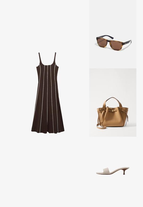 Brązowa sukienka bez rękawów w białe pionowe paski, wykonana z miękkiego materiału, z dopasowanym górą i rozkloszowanym dołem. Brak widocznych elementów metalowych lub akcentów.; Sandały bez obcasa z beżową tkaniną wplecioną w górnej części, otwartym przodzie i wygiętą drewnianą podeszwą. Projekt cechuje się gładką teksturą i minimalistycznym kształtem.; Polo Ralph Lauren UNISEX      ciemnobrązowy; Tory Burch ROMY wielbłądzi