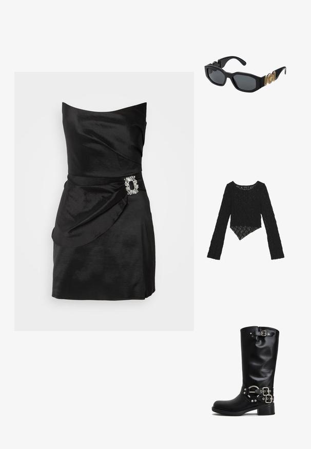 Mustasatiiniinen olkaimeton mekko, jossa on roikkuvaa yksityiskohtaa ja koristeellinen rhinestone-yksityiskohta vyötäröllä. Sulava pinta, vartalolle puristava siluetti.; Mustat pitsiset hihatoppi, jossa on lyhennetty etuosa, teksturoitu kukkakuosi ja epäsymmetrinen helma.; Mustat polvipituiset saappaat, jotka on valmistettu sileästä synteettisestä materiaalista. Varusteena hopeanvärisiä solkia ja korostusrenkaita. Tukeva neliönmuotoinen korko.; Mustat aurinkolasit, joissa on paksu geometrinen runko, tummat linssit ja kultaiset metallikoristeet temppeleissä, joissa on pyöreä symboliyksityiskohta.