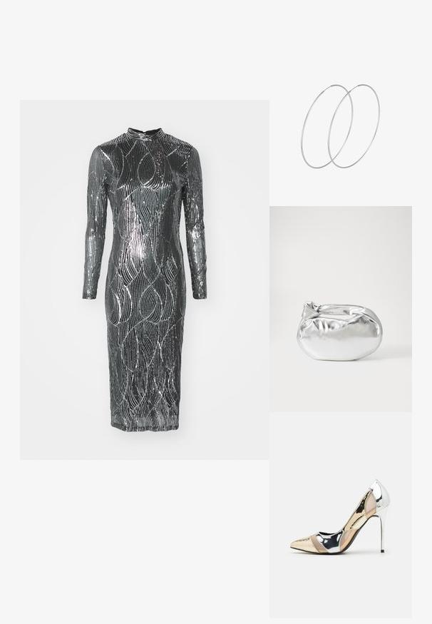 Šaty s dlhým rukávom, priliehavé, v metalickej striebornej farbe s vysokým golierom, majú vlnitý pruhovaný vzor a hladkú, lesklú štruktúru.; Lodičky s špičatou špičkou v striebornom, zlatom a telovom farebnom prevedení. Lesklý povrch s výrezovým dizajnom, s ihlovým opätkom.; Strieborná metalická taška s mäkkým, zaobleným tvarom a uzáverom s uzlíkom. Vyrobená z hladkej syntetickej kože.; Strieborné kruhové náušnice s minimalistickým dizajnom. Cirkulárny tvar, hladký povrch a tenký profil. Ľahké s lesklým povrchom.