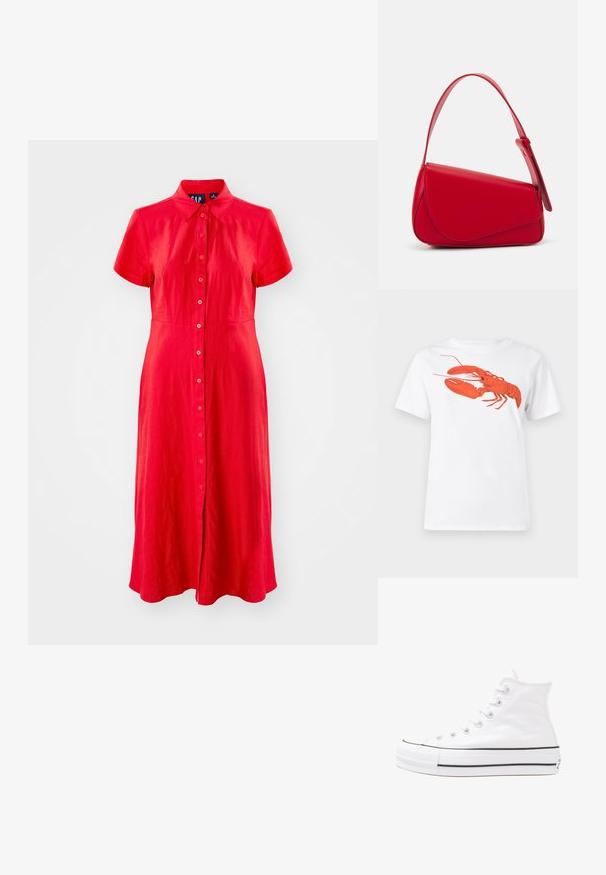 Piros gombos ruha könnyű anyagból; gallérral, rövid ujjal és térdig érő, laza szoknyával rendelkezik.; Fehér pamut póló, amelyen elöl egy nagy, élénkpiros homár grafika látható. Rövid ujjú és standard környakú kialakítás.; Fehér magaskorsó vászon sportcipő fekete gumi talppal, elülső gumi orrnyereggel és hat fűzőlyukkal, letisztult, minimalista dizájnnal.; Piros bőr kézitáska szögletes, geometrikus kialakítással. Egy állítható pánttal és varrott részletekkel ellátott fedélzárral rendelkezik.