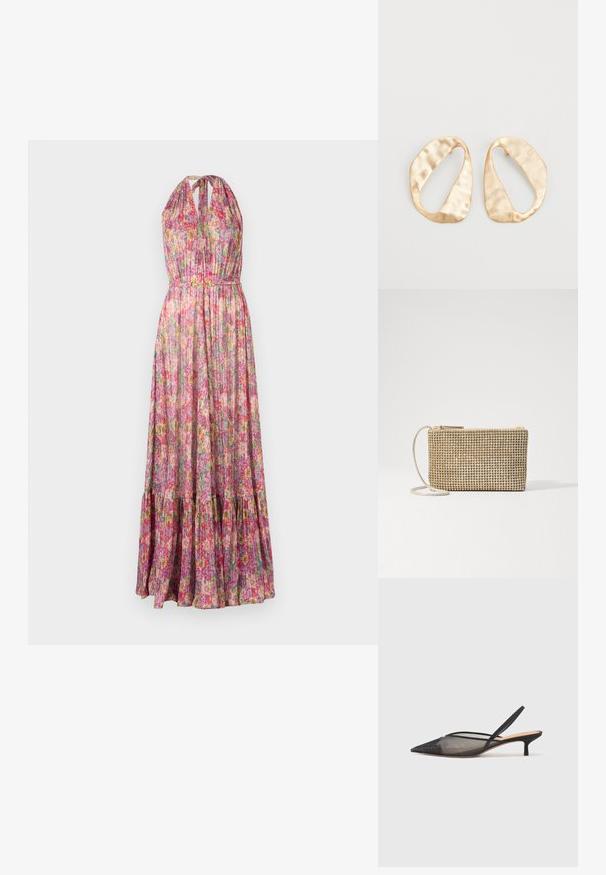 Maxi kleita no viegla auduma ar daudzkrāsainiem ziedu rakstiem. Iekļauj haltera kaklu, plisētu korpusu un slāņotu volānu apakšējo daļu.; NEOUS IRENA - Klasiski papēži - black; Loeffler Randall YASMINE FLAT CLUTCH - Plecu soma - gold; Pāris neregulāras ovālas formas zelta toņos metāla auskaru ar teksturētu, nedaudz sitētu virsmu uz baltas fona.