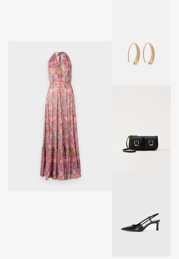Rochie maxi dintr-un material ușor, cu modele florale multicolore. Prezintă un guler tip halter, un corset plisat și un tiv cu volane în straturi.; Pantofi cu toc slingback negri din patent, cu vârf ascuțit, cu imprimeu de șarpe texturat, curea ajustabilă și toc scurt texturat.; Geantă neagră din piele, tip crossbody, cu două buzunare frontale, catarame aurii, închidere cu fermoar și o curea subțire. Suprafață texturată și formă rectangulară compactă.; Cercei din metal auriu, cu un design curbat și alungit. Au o suprafață netedă și strălucitoare, cu un vârf rotunjit pentru un detaliu suplimentar.