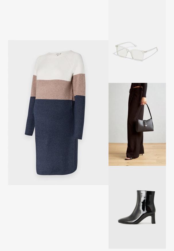 Vestido de malha com mangas longas, apresentando um design em blocos de cor em creme, taupe e azul-marinho. Textura suave e decote arredondado.; Botim de tornozelo em pele sintética preta com bico apontado e salto bloco de altura média. Textura suave e design minimalista.; Óculos quadrados de plástico transparente com lentes translúcidas, apresentando detalhes em dourado nas hastes.; Bolsa preta com forma estruturada, textura suave e um fecho metálico. Combinada com calças largas pretas e sandálias de salto aberto sobre um chão de madeira.