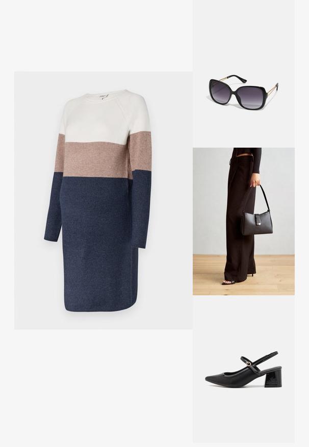 Megzta suknelė su ilgomis rankovėmis, dekoruota spalvų blokų dizainu kreminės, taupinės ir tamsiai mėlynos spalvų. Minkšta tekstūra ir apvalios kaklo iškirptės dizainas.; Juodi patentinio odos slingback aukštakulniai su smailiu pirštu, apvaliu išpjovimu ir blokiniu kulnu. Papuošti auksiniu juostos akcentu.; Juodos didelės saulės akinių su pereinamais objektyvais, storomis rėmeliais ir auksinės spalvos grandinėmis ant šventyklų.; Juodas rankinė struktūrizuota forma, lygi tekstūra ir metalinis užsegimas. Suporuota su plačiomis juodomis kelnėmis ir atvirais bateliais ant medinių grindų.