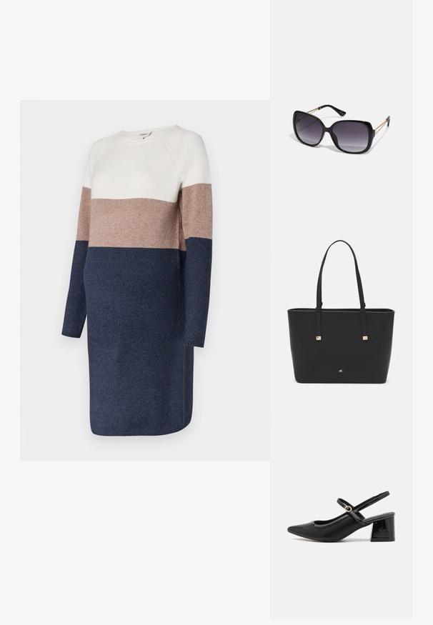 Sukienka dzianinowa z długimi rękawami, z motywem bloków kolorów w kremowym, taupe i granatowym. Miękka faktura i okrągły dekolt.; Czarne lakierowane czółenka na słupku ze spiczastym noskiem, lekko zaokrąglonym wycięciem i obcasem w kształcie bloku. Posiadają złotą klamrę jako akcent dekoracyjny.; Czarne oversize okulary przeciwsłoneczne z gradientowymi soczewkami, grubymi oprawkami i złotym łańcuszkiem na ramionach.; Czarna torba typu tote wykonana z materiału syntetycznego, z prostym prostokątnym wzorem, złotymi kwadratowymi akcentami i podwójnymi uchwytami.
