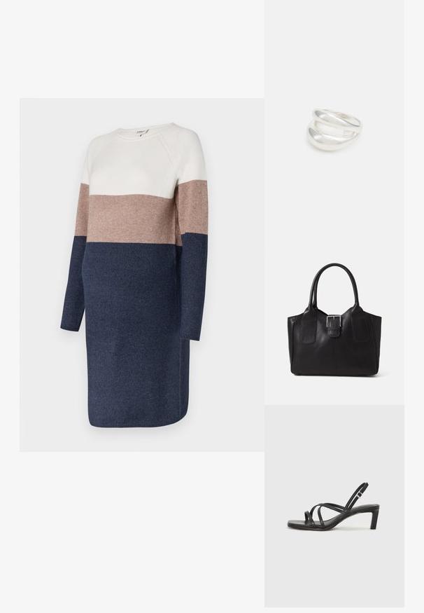 Adītas kleitas ar garām piedurknēm, kas piedāvā krāsu bloka dizainu krēmkrāsā, toņos pelēkajā un tumšajā zilā. Mīksta tekstūra un apaļa kakla izgriezums.; Melnas strappy sandales ar kvadrātveida purngaliem un zemu bloku papēdi. Ievērojamas ar vairākiem plāniem siksniņām un regulējamu potītes siksniņu. Izgatavotas no gludas ādas.; Melnas ādas somiņa ar gludu tekstūru, strukturētu formu, divām rokturām un izteiktu sudraba sprādzi priekšpusē.; Sudraba divu joslu gredzens ar gludu, pulētu virsmu. Iezīmējas ar plūstošu, izliekta dizaina struktūru ar pārklājošām sekcijām modernam izskatam.