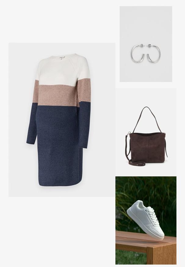 Pletena obleka z dolgimi rokavi, ki ima barvno blokiranje v kremni, taupe in mornarsko modri barvi. Mehak material in kroj s takojšnjim ovratnikom.; Bela teniska s gladkim sintetičnim zgornjim delom, perforiranim prednjim delom, ravnimi vezalkami in teksturiranim podplatom, prikazana na leseni površini.; Rjava gamoška torba z mehkobo teksturo, ki ima en samo ramenski trak in subtilno ukrivljen zgornji del. Brez vidnih kovinskih detajlov.; Srebrne obročaste uhane z gladko, sijočo površino. Zaobljena oblika, lahka zasnova, z zapiranjem na zatič.