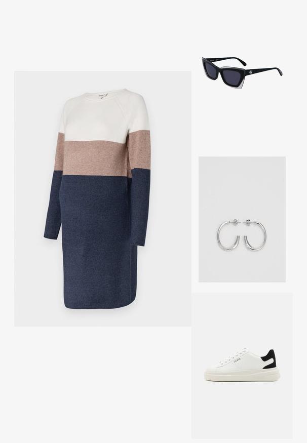 Vestito in maglia a maniche lunghe, con un design a blocchi di colore in crema, taupe e blu navy. Texture morbida e collo a giro.; Sneaker bianchi in pelle con suola spessa bianca, accento in suede nero sul tallone e logo impresso sul lato. Design con lacci e sei fori per i lacci.; Occhiali da sole oversize neri dalla forma geometrica, con lenti scure e un dettaglio grigio a contrasto sulla montatura. Logo sul braccio.; Orecchini a cerchio in argento con una finitura liscia e lucente. Forma arrotondata, design leggero, con chiusura a perno.