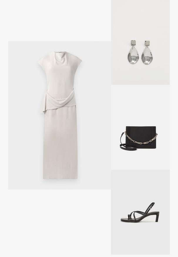 Rochie elegantă, fără mâneci, dintr-un material bej moale. Prezintă o secțiune drapată la talie și o siluetă dreaptă, netedă. Închidere cu fermoar la spate.; Sandal cu barete negre, cu vârf pătrat și toc mic de bloc. Prezintă mai multe barete subțiri și o bareta ajustabilă la gleznă. Fabricat din piele netedă.; Geantă de umăr din piele neagră, cu o textură netedă, formă rectangulară și un detaliu din lanț metalic în față. Include curea reglabilă.; Cercei din argint cu stud pătrat, având un finisaj neted și lustruit, într-o formă de lacrimă, care reflectă lumina cu o suprafață lucioasă.