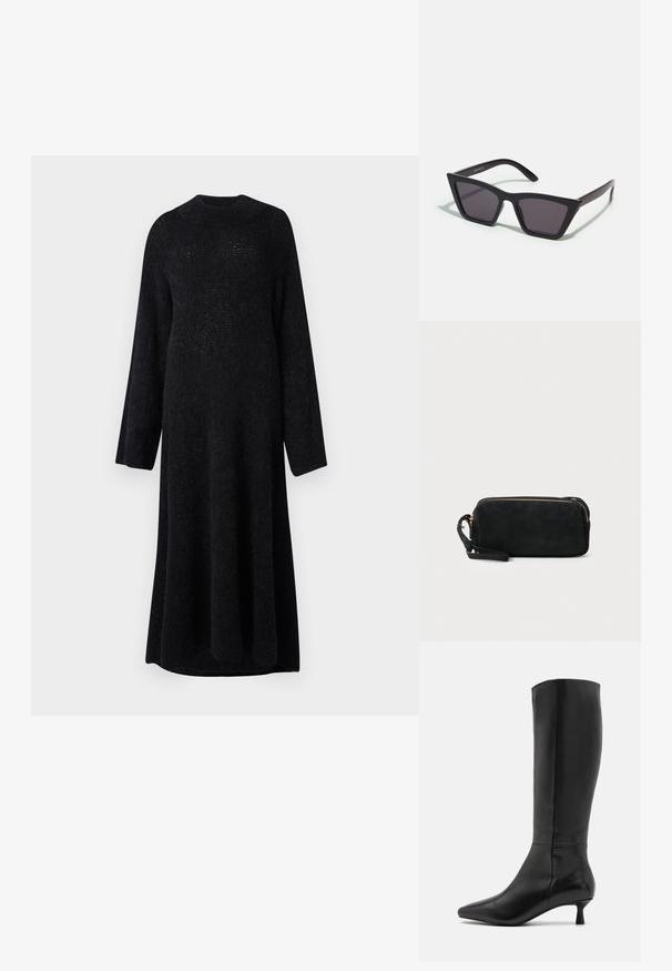 Hosszú, fekete kötött ruha lekerekített nyakkivágással és hosszú ujjakra, laza szabással és puha textúrával.; Zign Csizmák - black; Fekete, szögletes napszemüveg szürke lencsékkel; műanyagból készült, vastag karokkal, sima felülettel és látható hardver nélkül.; Fekete velúr kisestély tasak cipzárral és levehető csuklópánttal. Aranyszínű hardware-rel és sima, matt textúrával rendelkezik.