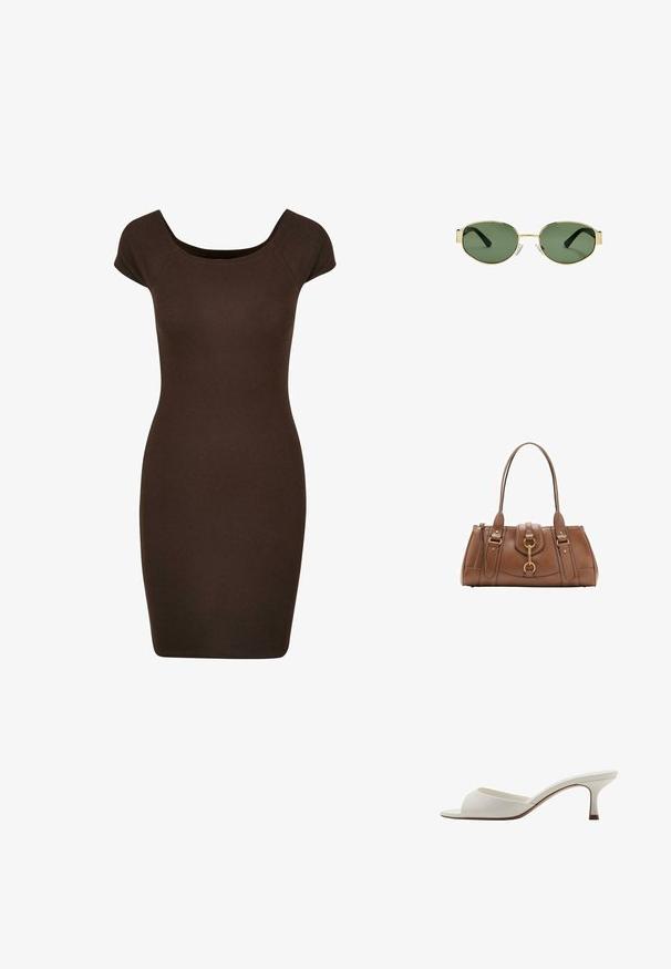 Rjavo rebrasto obleko telesu, ki ima kratke rokave in izrez v obliki kroga, zasnovano za prilegajočo se silhueto. Gladka tekstura po celotni površini.; Bele odprte visoke petke z gladko površino, minimalističnim oblikovanjem in vitko peto, ki ima subtilen rjav odtenek na podplatu.; Očala z zlatim kovinskim okvirjem, zelenimi lečami, ovalne oblike, črnimi uhani in prozornimi nosnimi blazinicami. Čist, minimalističen dizajn.; Rjava usnjena torba z dvema ročajema, zlatimi kovinskimi detajli in strukturirano zasnovo. Ima osrednjo preklopno zanko z detajlom zanko.