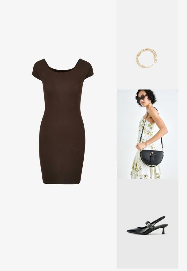 Pruun ribadega kehaümbermähkiv kleit, millel on lühikesed varrukad ja ümar kaelus, disainitud kehakujutava silueti jaoks. Ühtlane ja sile tekstuur.; Mustad patenteeritud nahast sildiga kontsad, millel on terav nina ja väike plokk-konts, mille rihmal on hõbedane pandla aksessuaar.; Mustmust mustraha kõverate joontega, eemaldatava rihmaga ja kuldsete detailidega. Kotil on klapp, millel on pandladetail.; Kuldtoonis sõrmus, millel on orgaaniline, keerdunud disain sileda tekstuuri ja kitsenevate otstega, luues kaasaegse skulptuurilise välimuse.