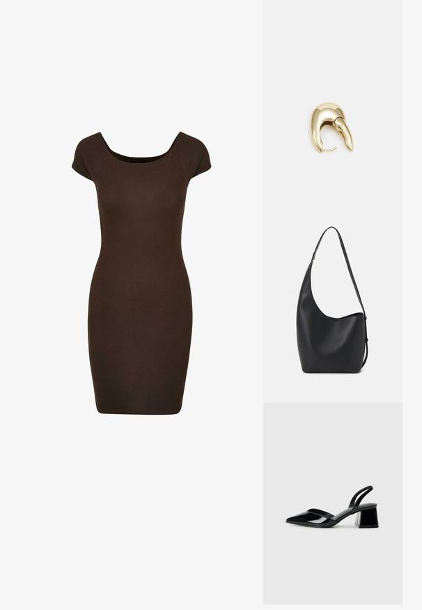 Ruda žalia ribota figūros suknele, turinti trumpas rankoves ir apvalią iškirptę, sukurta išryškinti figūrą. Visoje suknelėje glotni tekstūra.; Juodos lakuotos odinės šlepetės su smailiu pirštu ir geometriniu bloko kulnu. Turi elegantišką, minimalistinį dizainą ir lygų paviršių.; Juodas odinis hobo maišas su lygiu paviršiumi, kreipta forma ir viena reguliuojama rankena; turi platų atidarymą viršuje.; Aukso tono metalinės auskarai su stilingu, kreiviu dizainu. Išsiskiria ryškiu smailiu pavidalu, poliruota paviršiumi ir užsegimu su vyriu.