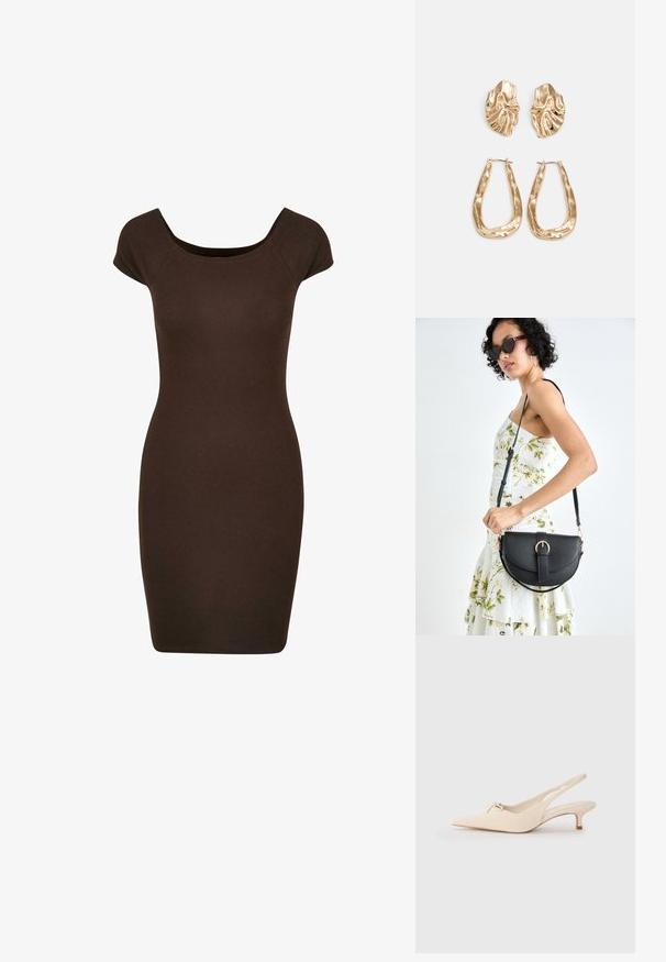Hnedé vystužené bodycon šaty s krátkymi rukávmi a výstrihom do písmena U, navrhnuté pre priliehavú siluetu. Hladká textúra po celom obvode.; Súkne s pootočeným prstom v off-white koži, s malou mašľou a nízkym kitten podpätkom. Hladká textúra, minimalistický dizajn.; Čierna kožená kabelka s zaobleným tvarom, odnímateľným popruhom a zlatými doplnkami. Kabelka má klopu s detailom s prackou.; Náušnice v zlatej farbe s textúrovanými, vlnitými tvarmi. Obsahujú sochárske klipsové náušnice a otvorený tvar krúžku s kladivkovým povrchom.
