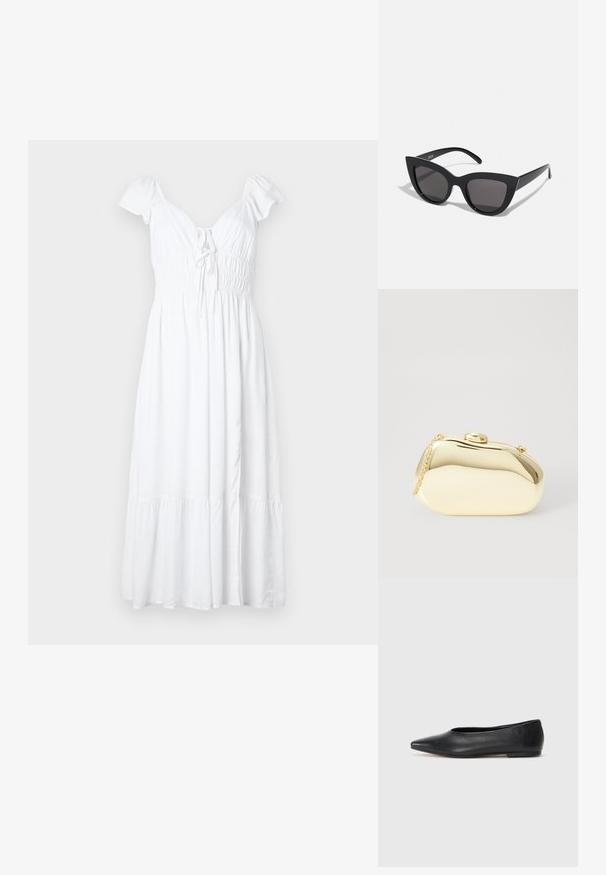 Bela obleka do kolen, izdelana iz mehkega materiala. Ima pufaste rokave, nabran korzet in nabran spodnji del.; Črne usnjene balerinke, koničast toe, minimalističen dizajn, gladka tekstura, nizka peta, brez vidnih kovinskih delov ali okraskov.; Črne mačke-oko sončna očala z mat zaključkom, ki imajo sive tonirane leče, ostre kote in eleganten stranski del. Ime blagovne znamke je vidno na notranjem ročaju.; Metalna zlata torbica z gladko, zaobljeno obliko, opremljena z zgornjim gumbom in majhnim verižnim ročajem za nošenje.