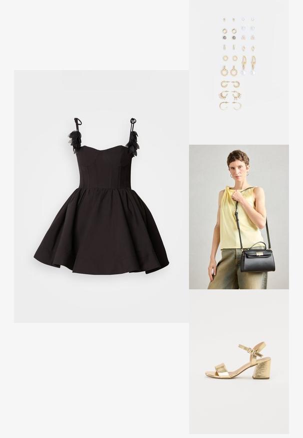Černé šaty s přiléhavým korzetem a rozpouštějící se sukní. Mají ramínka na tenké šňůrky a květinové ozdoby na rameni. Hladká struktura látky.; Zlaté kovové sandály na vysokém podpatku s robustním podpatkem, otevřenou špičkou a popruhem kolem kotníku. Hladký povrch a minimalistický design.; Černá kožená kabelka se strukturovaným designem, horním uchem a nastavitelným popruhem. Hladký povrch a detail zlatého kovového klipsu.; Sada náušnic ve zlatém tónu s různými designy, včetně pecek, kruhů a visacích kousků s perlami a rhinestony.