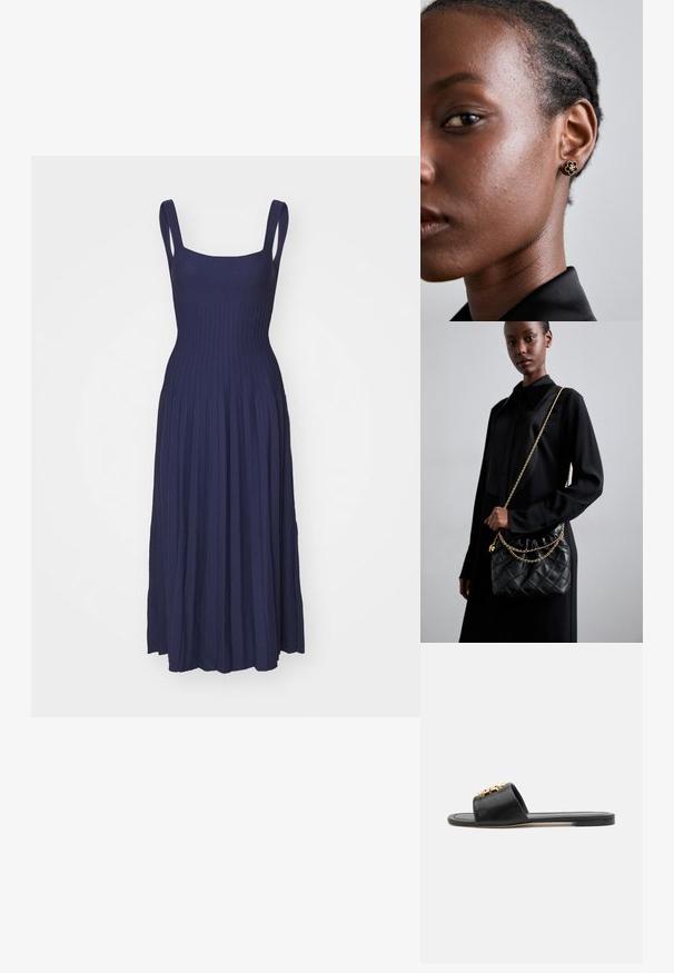 Tengerészkék maxi ruha bordázott felsőrésszel és plissé szoknyával. Széles pántokkal és karcsúsított derékkal rendelkezik, puha, rugalmas anyagból készült.; Fekete bőr csúsztatós szandál, nyitott orral, lapos talppal és dekoratív arany díszítéssel a felsőrészen. Elegáns, sima textúrájú, minimális design.; Fekete steppelt bőr kézitáska gyűrt toppal, arany lánc vállpánttal és téglalap alakú formával, egyszerű háttér előtt tartva.; A fém virágmintás fülbevalónak texturált fekete közepe és finom részletei vannak. A modellen tiszta bőre és fonott haja oldalnézetből látható.