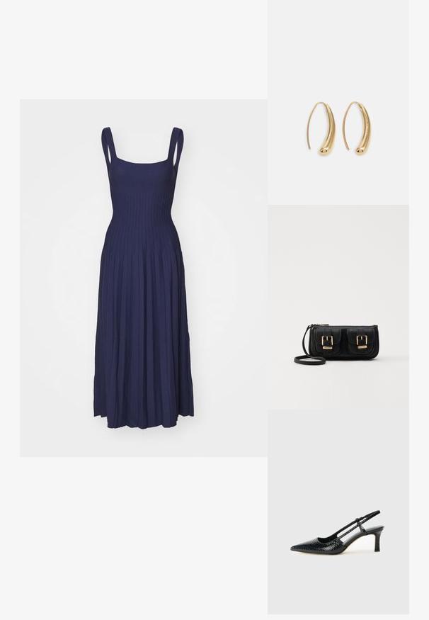 Vestido maxi azul-marinho com corpete canelado e saia pregueada. Possui alças largas e uma cintura ajustada, feito de um tecido macio e elástico.; Salto slingback em patente preta com bico apontado, apresentando um padrão de pele de cobra texturizado, tira ajustável e um salto bloco curto e texturizado.; Bolsa de ombro em couro preto com dois bolsos frontais, fivelas douradas, fecho de zíper e uma alça fina. Superfície texturizada e forma retangular compacta.; Brincos em metal dourado com forma de arco alongado e curvado. Apresentam uma superfície lisa e brilhante, com uma ponta arredondada para um detalhe adicional.