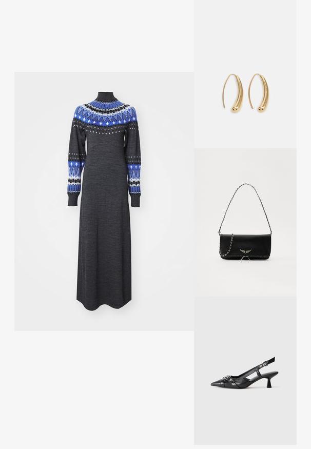 Hosszú, sötét szürke ruha magas nyakkal, bonyolult kék és fehér mintás ujjal és testhez álló felső résszel, amely laza szegéllyel végződik.; Fekete bőr slingback cipő hegyes orral, dekoratív pántokkal, fém szemekkel és alacsony blokk sarkú. Texturált felület.; Fekete bőrtáska ezüstlánc pánttal, díszes szárnyakkal és fehér varrással az alsó varrat mentén.; Aranyszínű fémből készült karika fülbevalók ívelt, hosszúkás formával. Simaságával és fényes felületével, valamint lekerekített végével további részletekkel bővül.