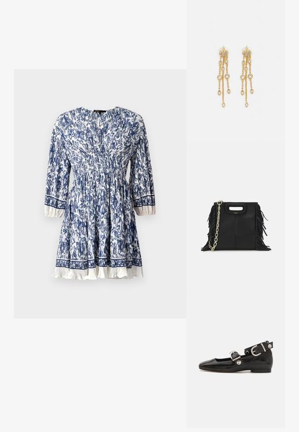 Ein blau-weißes, floral bedrucktes Kleid mit gerafftem Bund, Dreiviertelärmeln und einem Rüschensaum; leichtes Material.; Schwarze Lackleder-Ballerina mit eckiger Zehenpartie, Knöchelriemen mit silberner Hardware und flacher Sohle. Glatte Textur mit minimalistischen Design.; Schwarze Lederhandtasche mit Fransen-Details, goldener Ketten-Schulterriemen und einem ausgeschnittenen Griff. Mit Logoplatzierung auf der Vorderseite.; Goldtonige Ohrringe mit mehreren kaskadierenden Ketten, verziert mit klaren ovalen Strasssteinen und dekorativen Ohrsteckern.