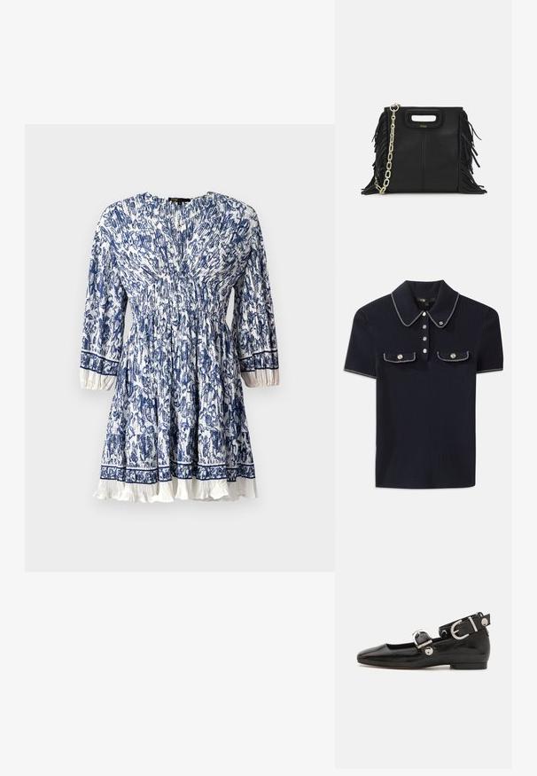 Sinine ja valge lillemuster, kogutud vöökoha, kolmeveerandi varrukatega ning volangäärisega kleit; kerge kangas.; Tumes ribade polo-särk, millel on terav krae, lühikesed varrukad ja kaks esist taskut klõpsnuppudega; kaunistatud valgete õmbluse aktsentidega.; Must musta nahkkinga lamead kontsad, ruudukujulise varbaga, pahkluu rihmaga, mis sisaldab hõbedast taakleid, ning lame tald. Siledat pinda ja minimalistlikku disaini.; Musta nahk käekott, millel on frantsiisid, kuldne ahelsanga ja lõigatud käepide. Esiosas on logot.