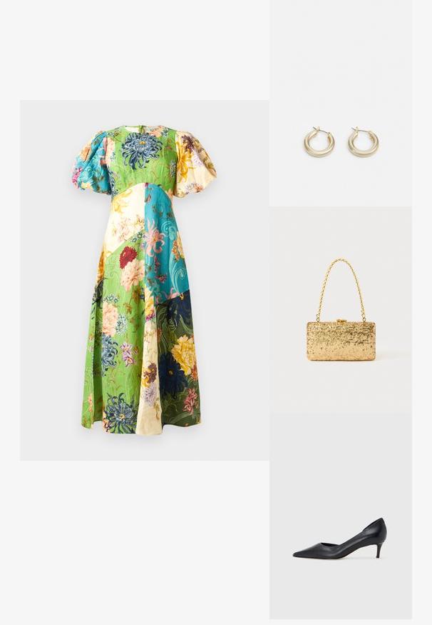 Kwiatowa sukienka maxi z bufiastymi rękawami; posiada panele w kolorze zielonym, niebieskim, żółtym i kremowym. Teksturowana tkanina z różnorodnymi wzorami kwiatowymi.; Czarny skórzany czółenek z szpiczastym noskiem i niskim obcasem. Charakteryzuje się gładką fakturą i subtelnym połyskiem. Przód z wycięciem dla dodatkowego detalu.; Złota kopertówka z cekinami o prostokątnym kształcie, z zakręconym uchwytem w postaci łańcuszka oraz metalowym zapięciem, odbijająca światło o fakturowanym wykończeniu.; Lauren Ralph Lauren BASIC SMALL HOOP - Kolczyki