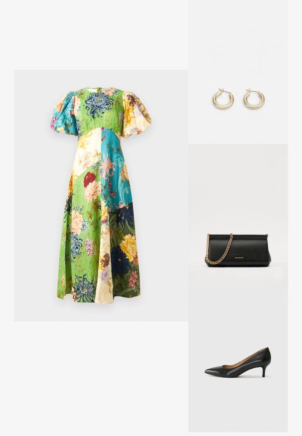 Virágmintás maxi ruha puffos ujjal; zöld, kék, sárga és krémszínű panelek jellemzik. Texturált anyag, változatos virágmintákkal.; Fekete bőrpumpa hegyes orral, alacsony sarokkal és sima felülettel. Elöl enyhe nyílással rendelkezik, hátul pedig minimális részletezéssel.; Fekete bőr kisméretű táska arany lánccal, sima felülettel, téglalap alakú, és dombornyomott márkázással az elején.; Lauren Ralph Lauren BASIC SMALL HOOP - Fülbevalók - gold-coloured