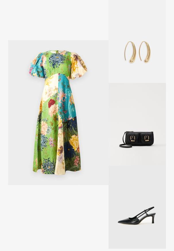 Maxikleid mit Blumenmuster und Puffärmeln; verfügt über grüne, blaue, gelbe und cremefarbene Panels. Strukturstoff mit verschiedenen Blumenmustern.; Schwarze Lack-Slingback-Pumps mit spitzem Zehenbereich, versehen mit strukturiertem Schlangenprint, verstellbarem Riemen und einem kurzen, strukturierten Blockabsatz.; Schwarze Leder-Umhängetasche mit zwei vorderen Taschen, goldenen Schnallen, Reißverschluss und einem schmalen Tragegurt. Texturierte Oberfläche und kompakte rechteckige Form.; Goldfarbene Metall-Hoops mit einer geschwungenen, länglichen Form. Sie verfügen über eine glatte, glänzende Oberfläche und eine abgerundete Spitze für zusätzliche Details.