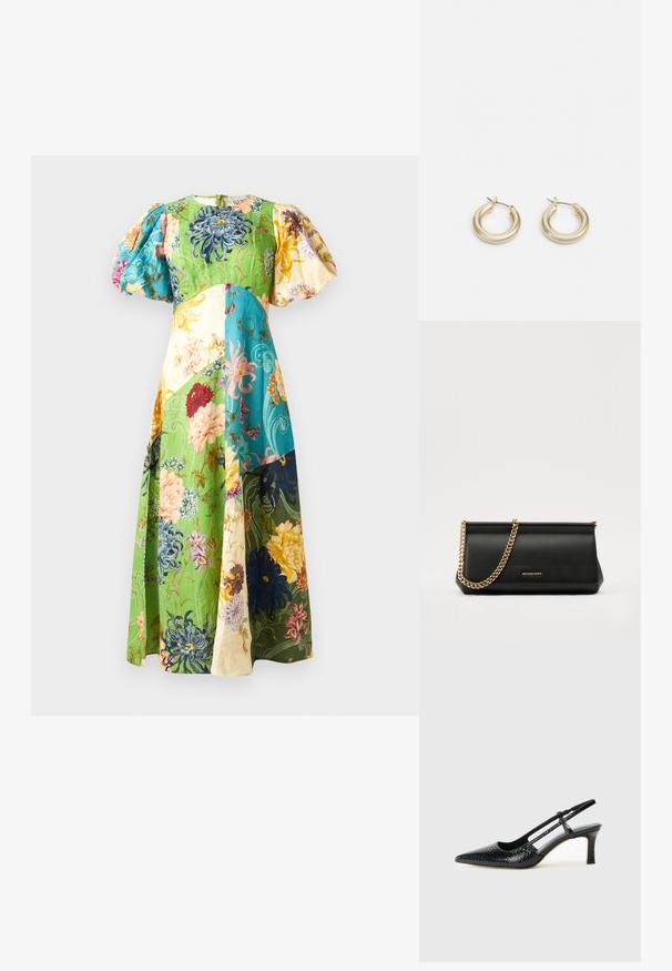 Rochie maxi florală cu mâneci bufante; caracterizată prin panouri verzi, albastre, galbene și crem. Material texturat cu diverse modele florale.; Pantofi cu toc slingback negri din patent, cu vârf ascuțit, cu imprimeu de șarpe texturat, curea ajustabilă și toc scurt texturat.; Plică din piele neagră cu o curea din lanț auriu, având o textură netedă, formă rectangulară și o marcă embosată pe față.; Lauren Ralph Lauren BASIC SMALL HOOP - Cercei - gold-coloured