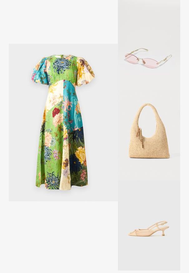 Maxikleid mit Blumenmuster und Puffärmeln; verfügt über grüne, blaue, gelbe und cremefarbene Panels. Strukturstoff mit verschiedenen Blumenmustern.; Stuart Weitzman KITTY - Pumps - beige/barely beige; Gucci Sonnenbrille - gold-coloured/pink; Geflochtene beige Handtasche mit einem geschwungenen Griff, strukturiertem Oberflächen und einem braunen Quasten-Detail. Hat eine lässige Hobo-Form.